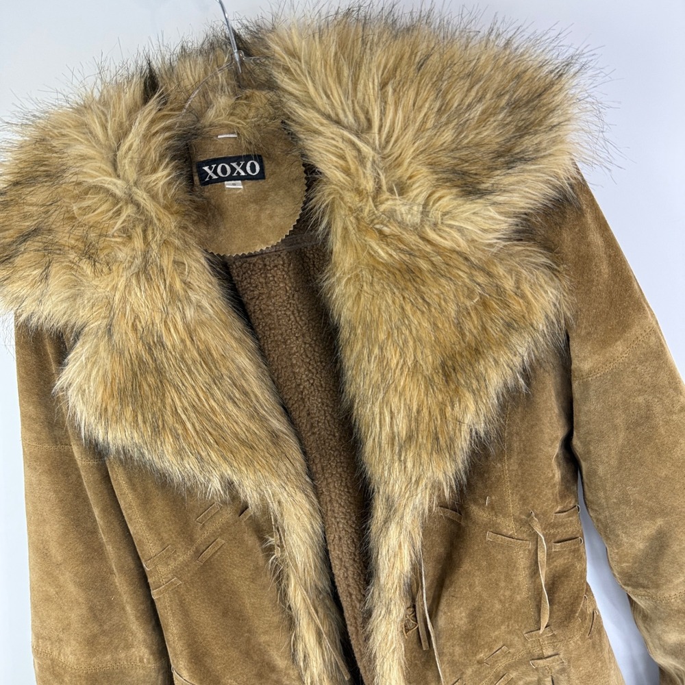 XOXO Leather Jacket Women Small Tan Faux Fur Trim Penny Lane Boho 64249 - Picture 2 of 16
